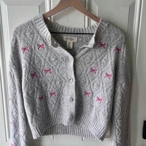 Jessica Simpson Gray Cardigan with Pink Bow Embroidery